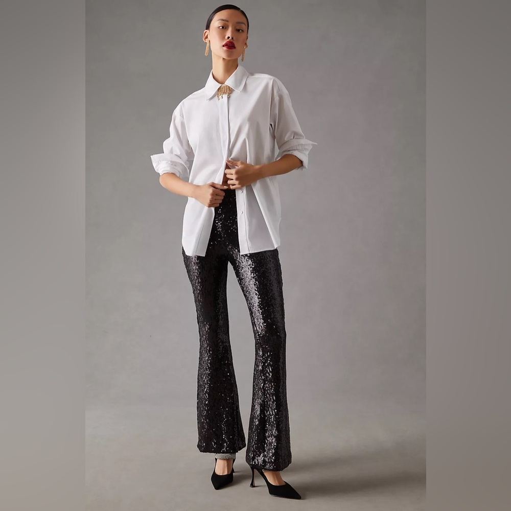 Anthropologie Black Sequin Flare Pants